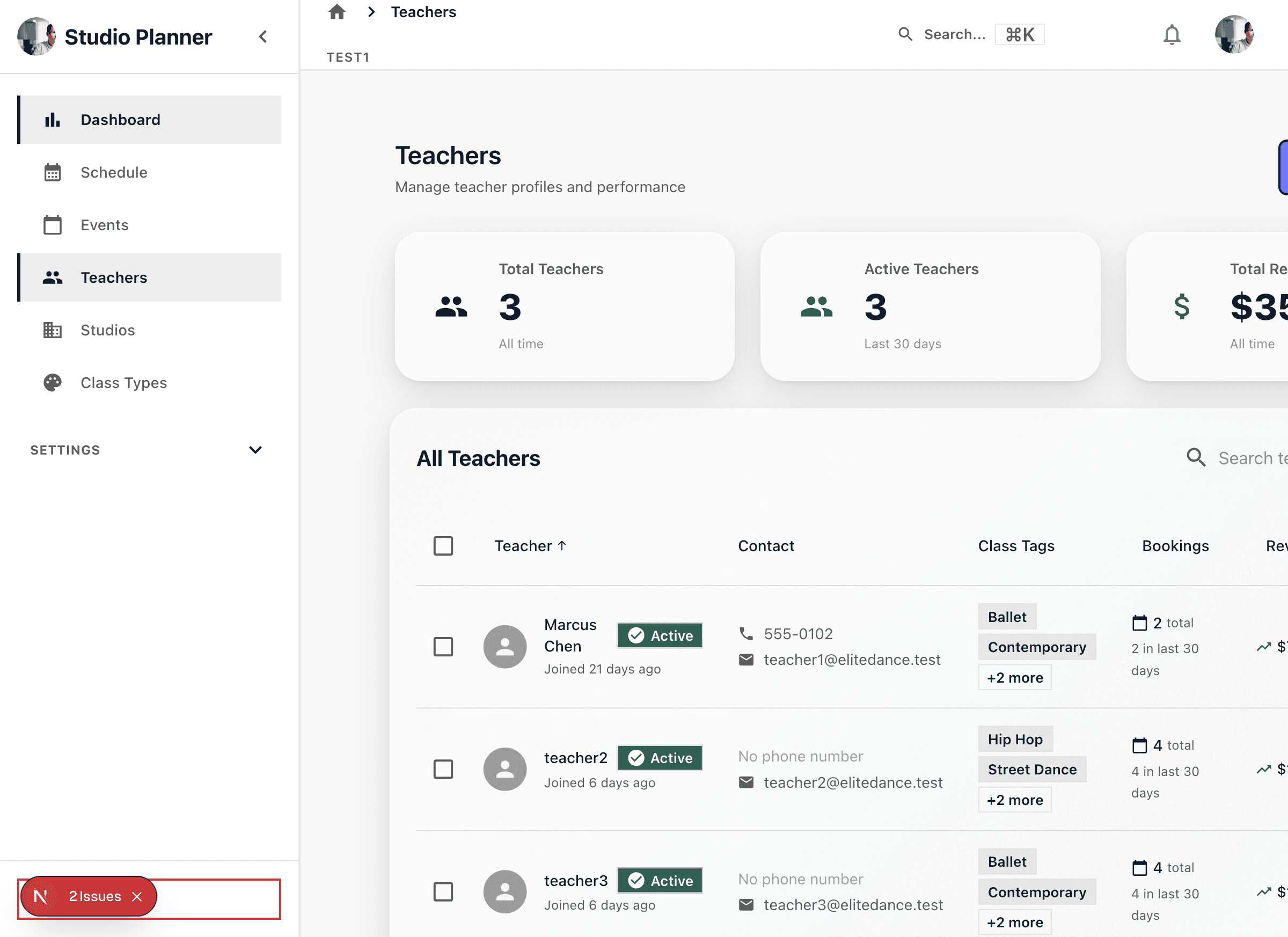 Active teachers list showing newly onboarded teacher