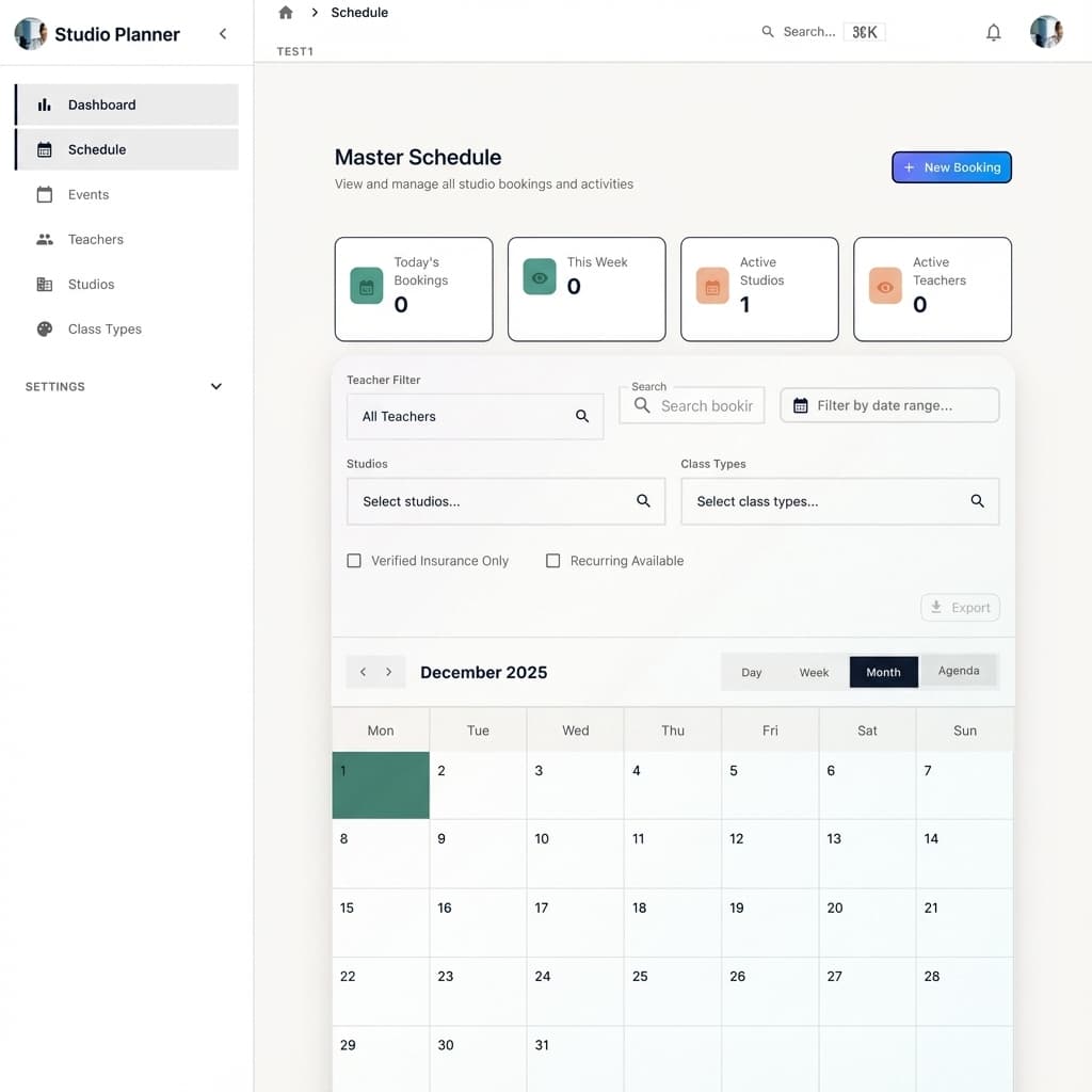Monthly calendar view showing all studio bookings